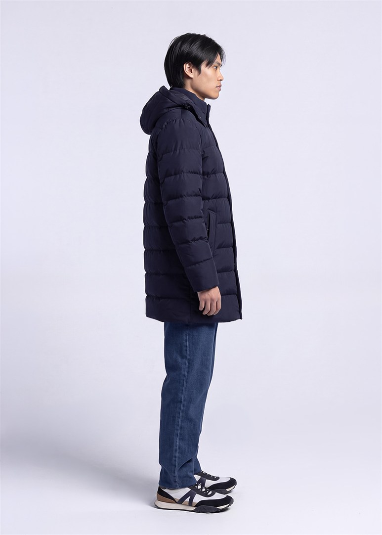 Erkek Slim Fit Kapüşonlu Lacivert Mont