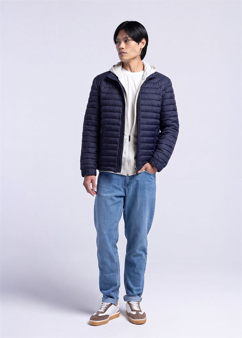 Erkek Slim Fit Kapüşonlu Lacivert Mont