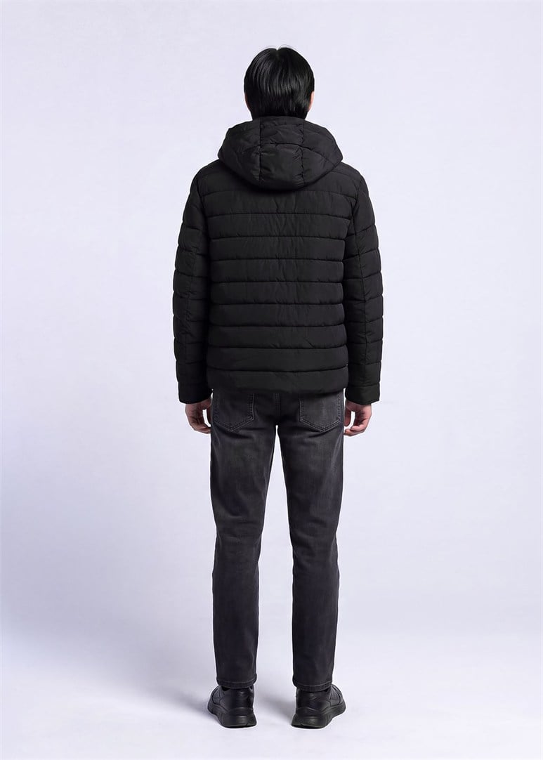 Erkek Slim Fit Kapüşonlu Siyah Mont
