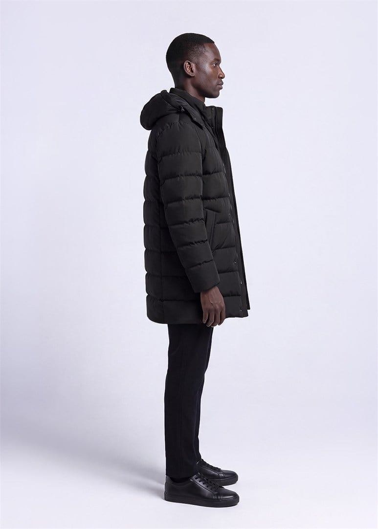 Erkek Slim Fit Kapüşonlu Siyah Mont