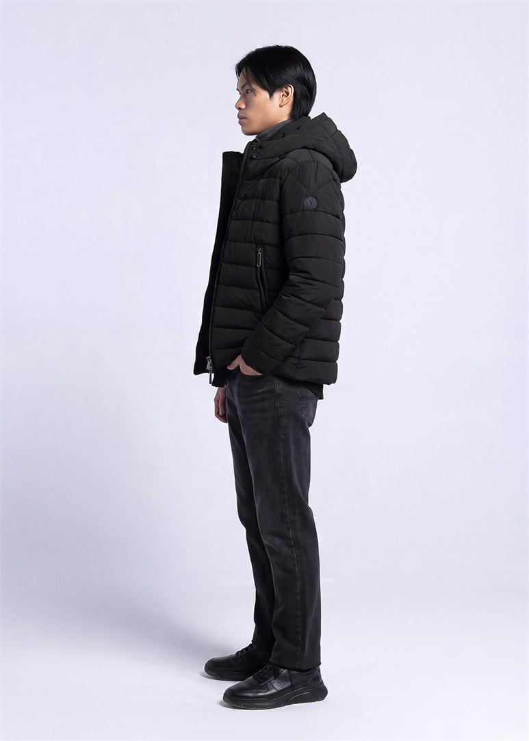 Erkek Slim Fit Kapüşonlu Siyah Mont