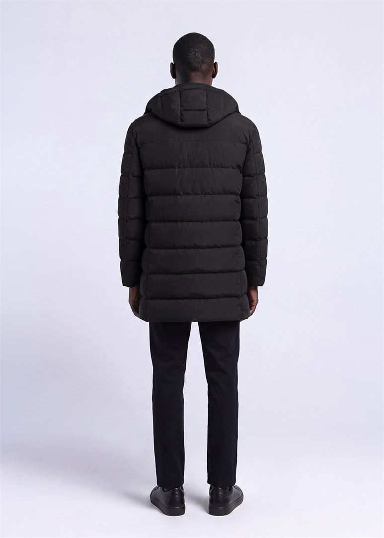 Erkek Slim Fit Kapüşonlu Siyah Mont