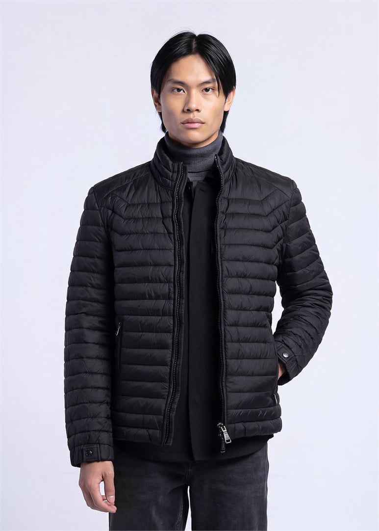 Erkek Slim Fit Kapüşonlu Siyah Mont