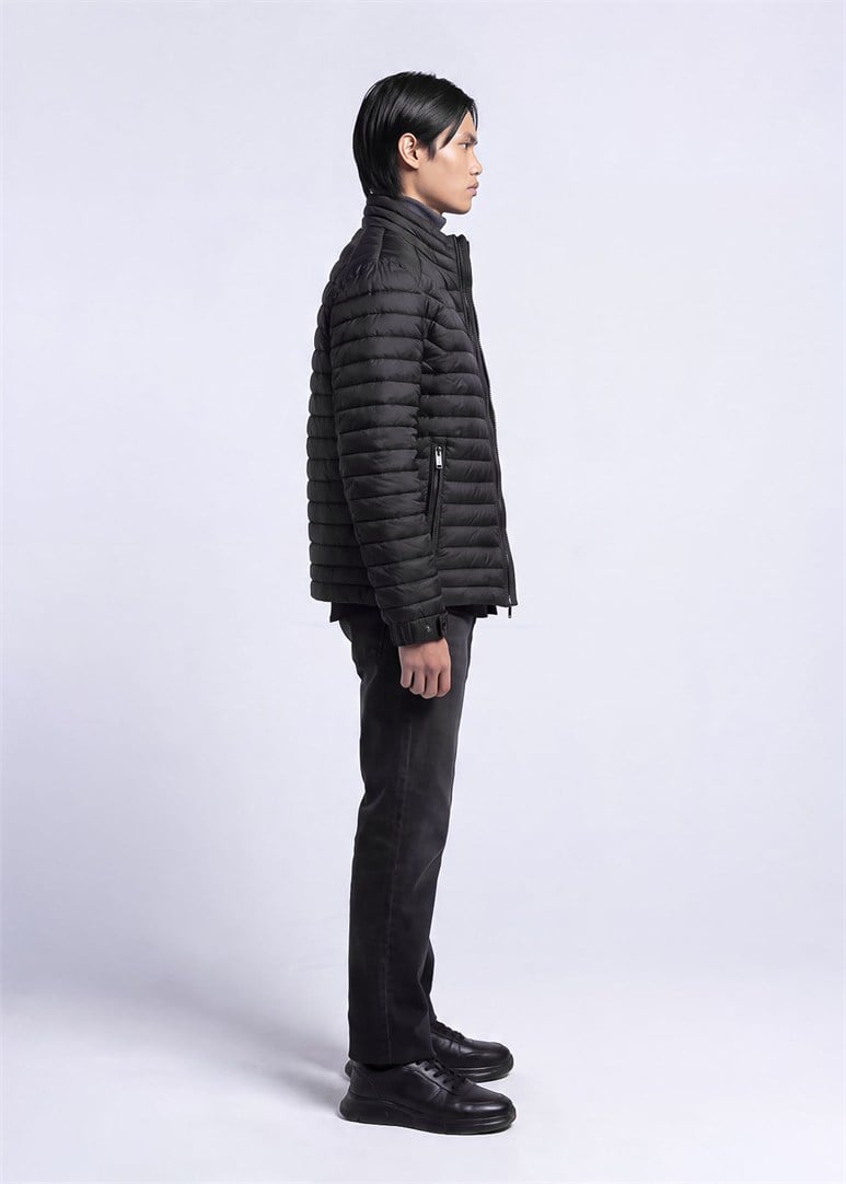 Erkek Slim Fit Kapüşonlu Siyah Mont