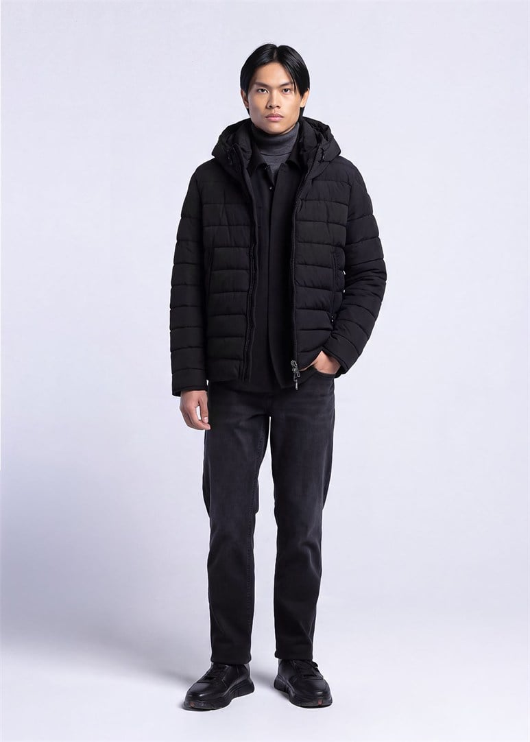 Erkek Slim Fit Kapüşonlu Siyah Mont