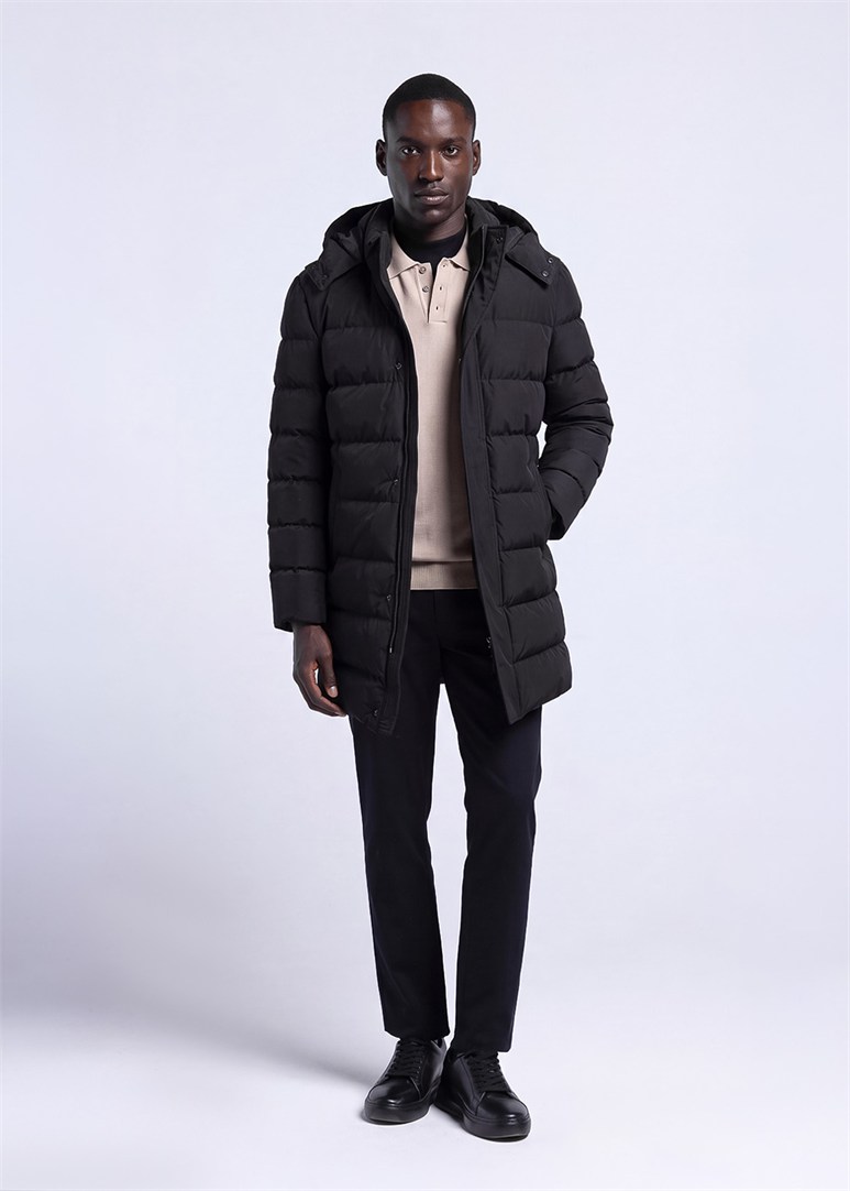 Erkek Slim Fit Kapüşonlu Siyah Mont