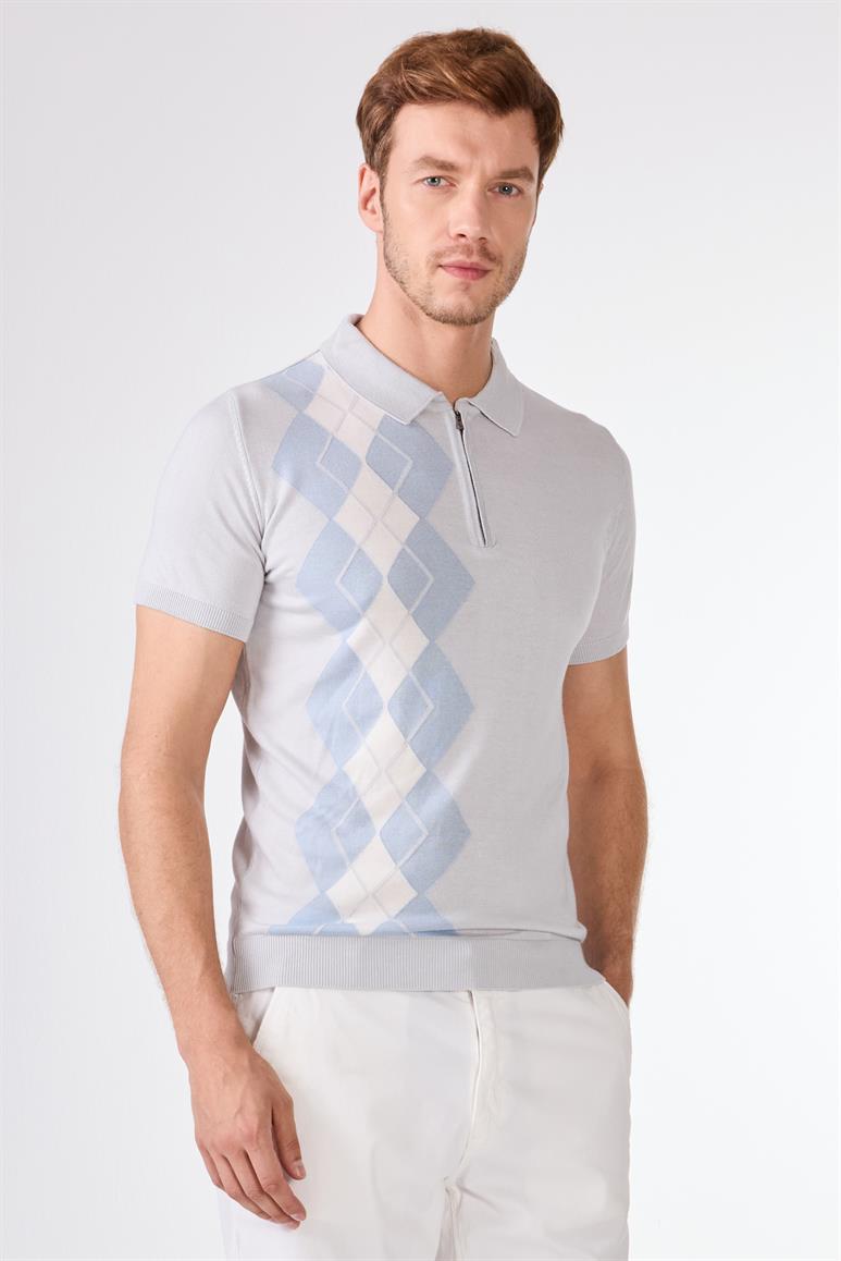 Açık Gri Polo Fermuar Yaka Baklava Desen Slim Fit Triko Tshirt