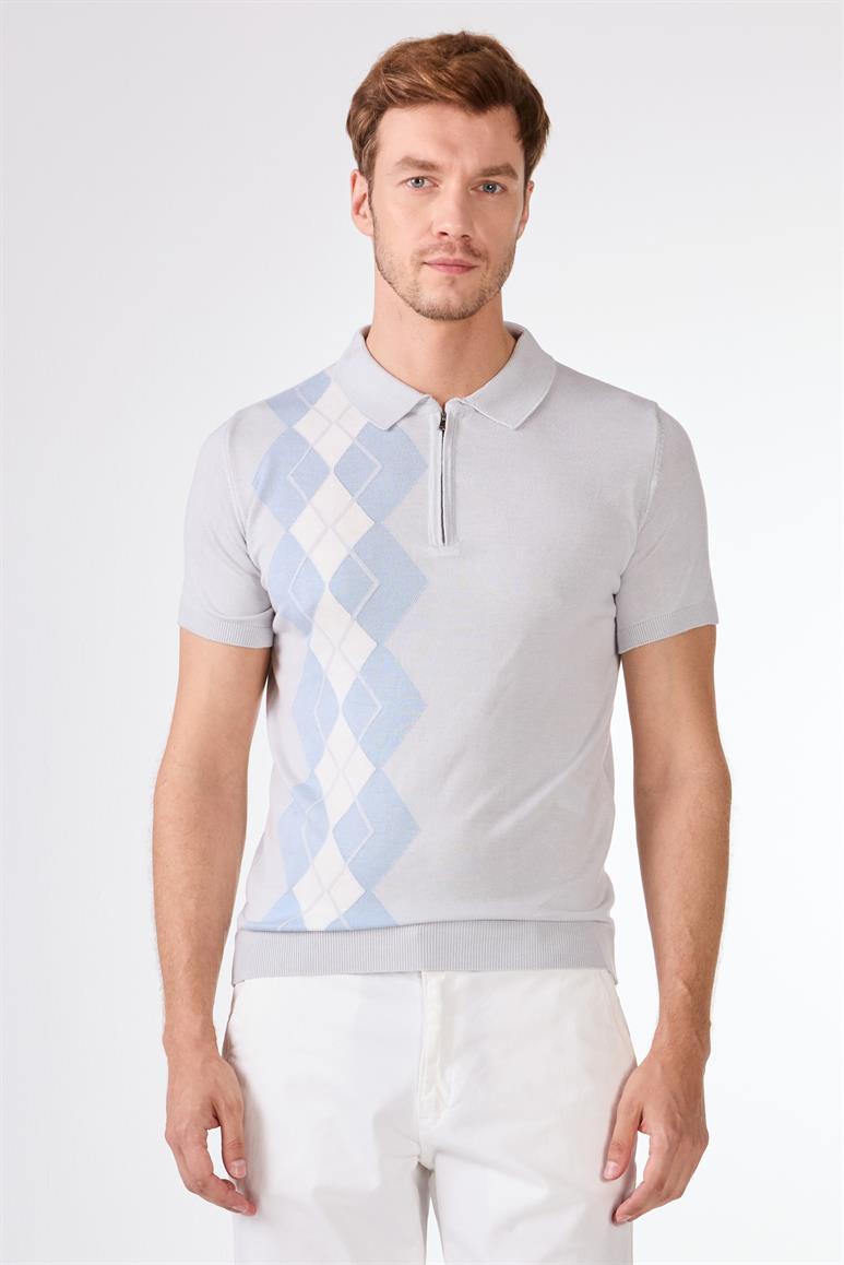 Açık Gri Polo Fermuar Yaka Baklava Desen Slim Fit Triko Tshirt