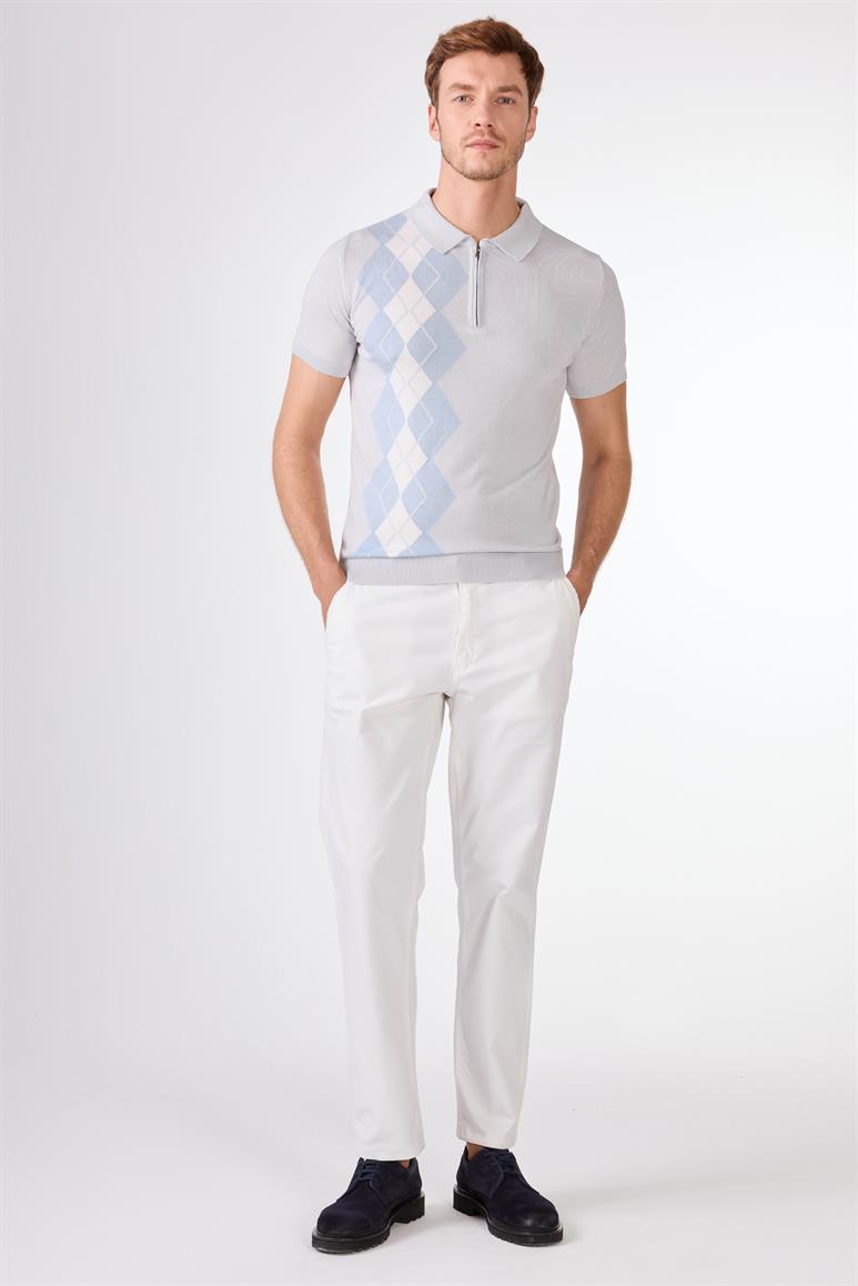 Açık Gri Polo Fermuar Yaka Baklava Desen Slim Fit Triko Tshirt