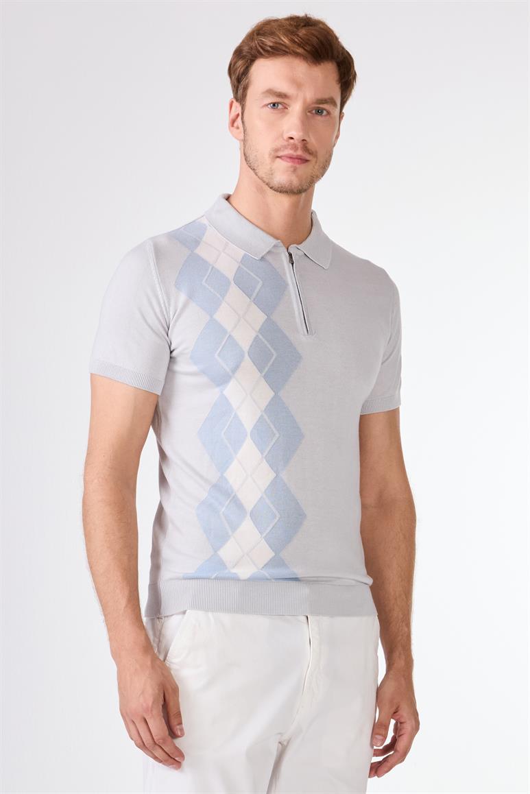 Açık Gri Polo Fermuar Yaka Baklava Desen Slim Fit Triko Tshirt
