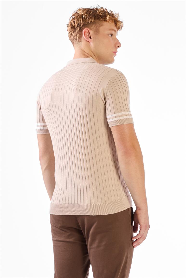 Açık Bej Polo Yaka Düğmeli Fitilli Düz Renk Slim Fit Triko Tshirt
