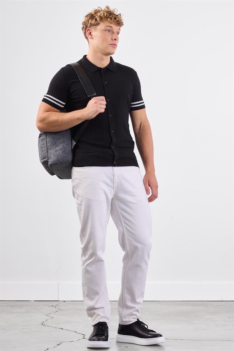 Siyah Polo Yaka Düğmeli Fitilli Düz Renk Slim Fit Triko T-shirt