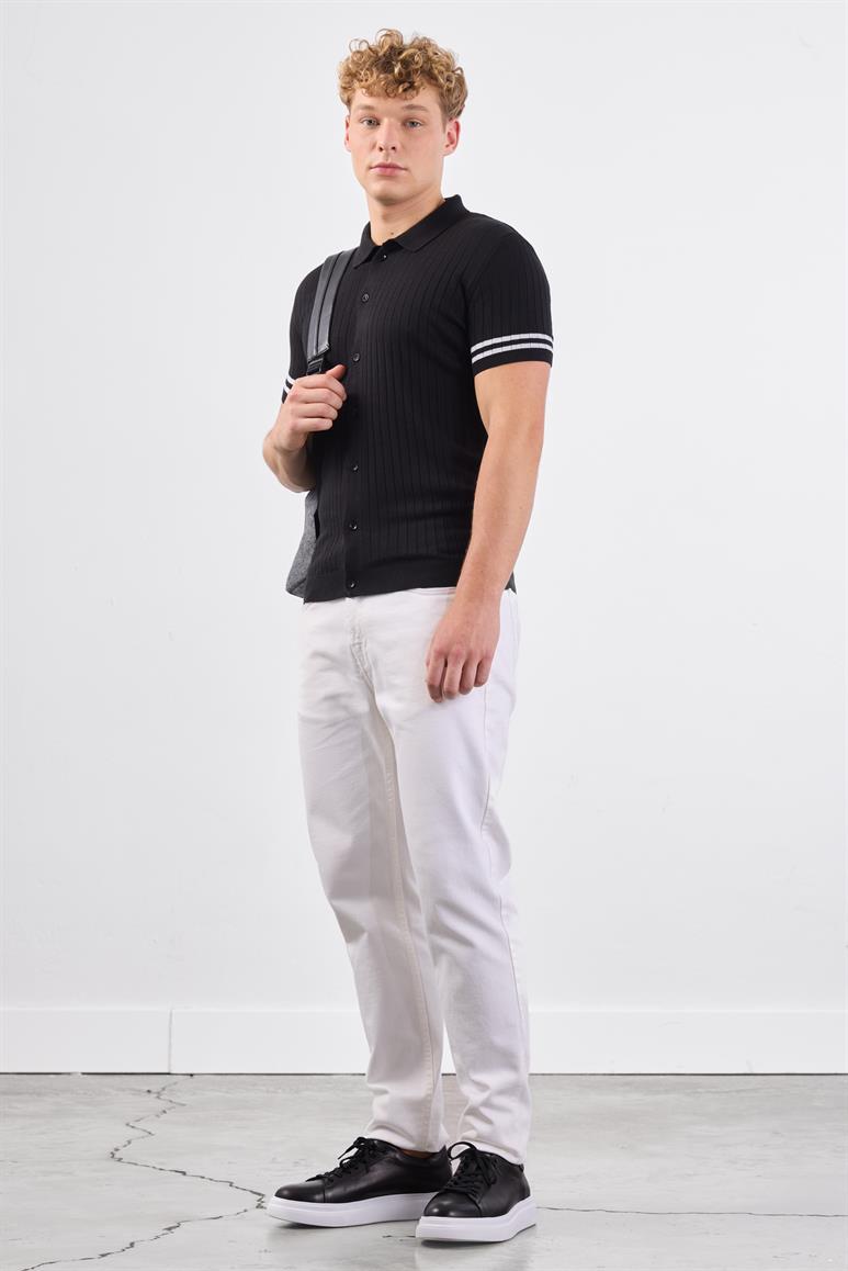 Siyah Polo Yaka Düğmeli Fitilli Düz Renk Slim Fit Triko T-shirt