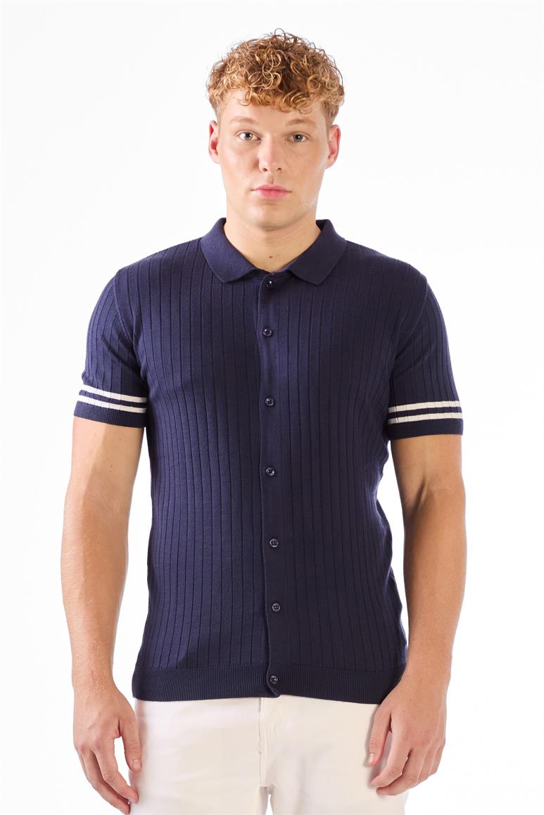 Lacivert Polo Yaka Düğmeli Fitilli Düz Renk Slim Fit Triko T-shirt