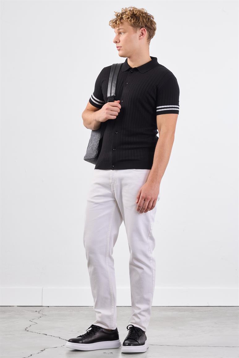Siyah Polo Yaka Düğmeli Fitilli Düz Renk Slim Fit Triko T-shirt
