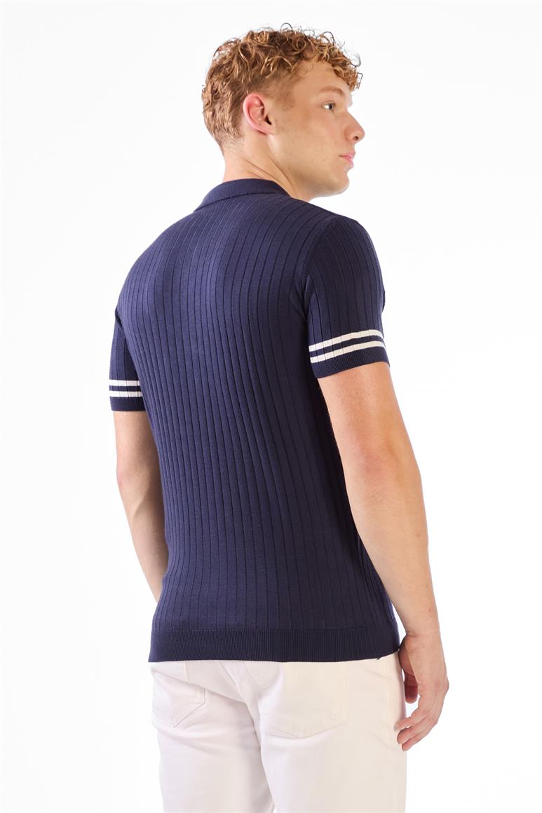 Lacivert Polo Yaka Düğmeli Fitilli Düz Renk Slim Fit Triko T-shirt