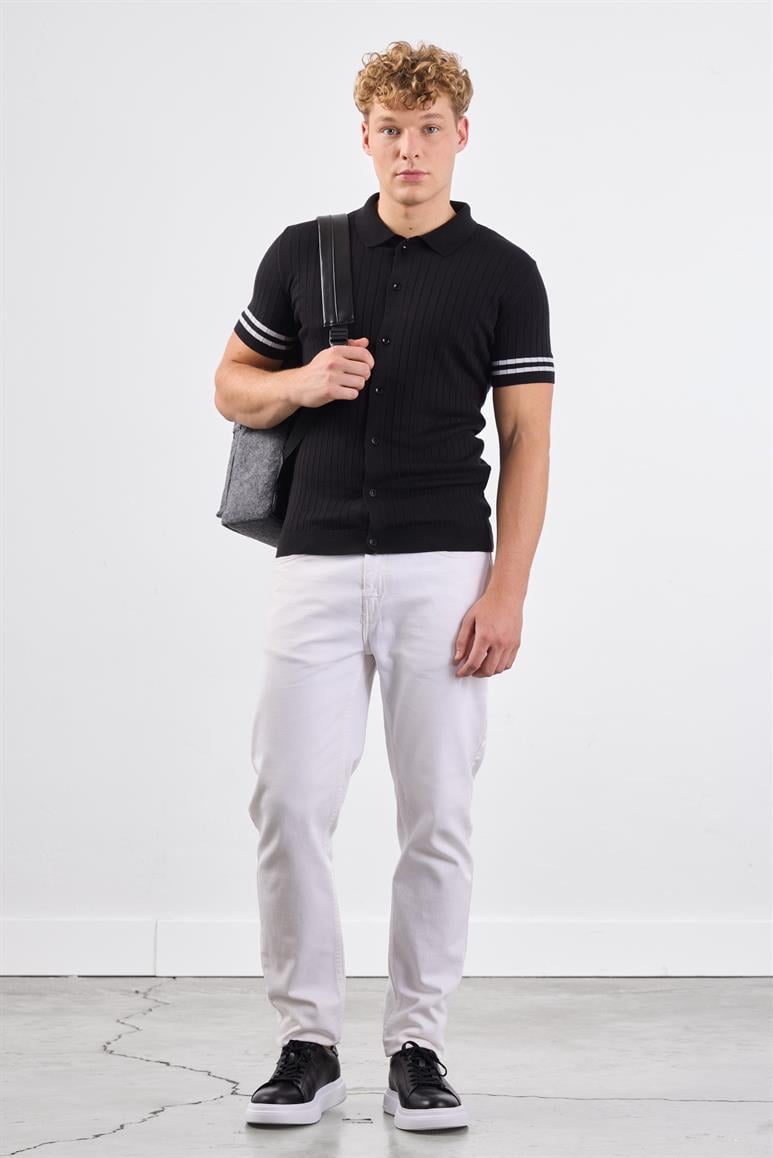 Siyah Polo Yaka Düğmeli Fitilli Düz Renk Slim Fit Triko T-shirt