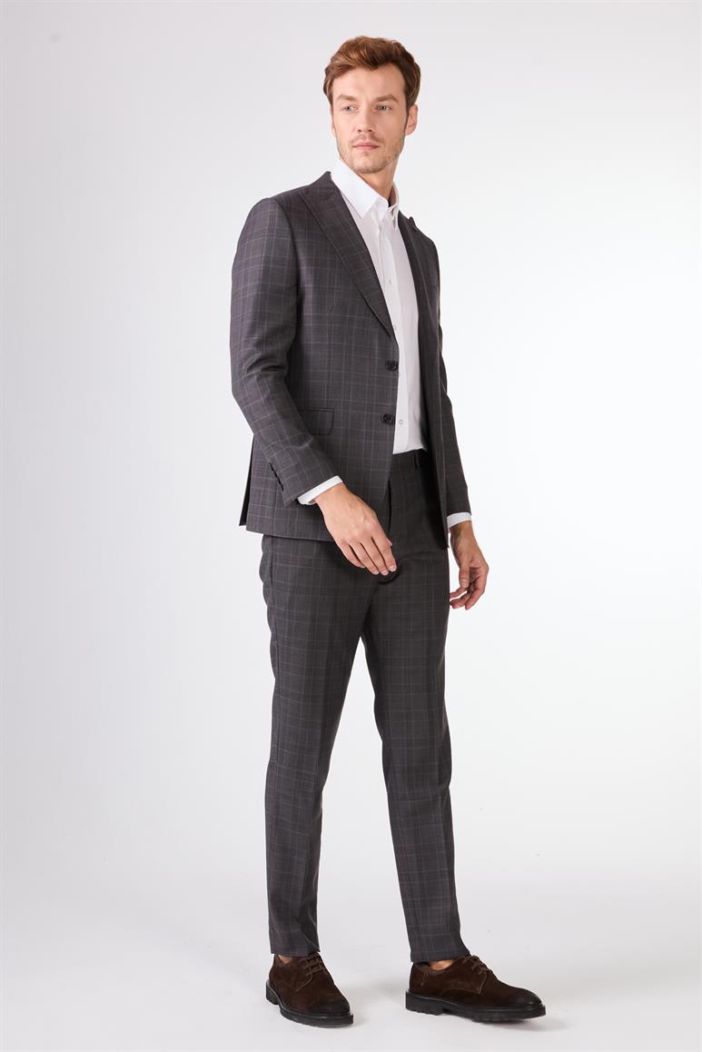 Gri Balıksırtı Slim Fit Erkek Takım Elbise