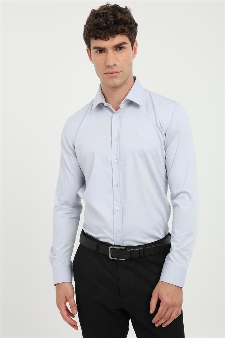 Gri Klasik Yaka Slim Fit Gömlek 