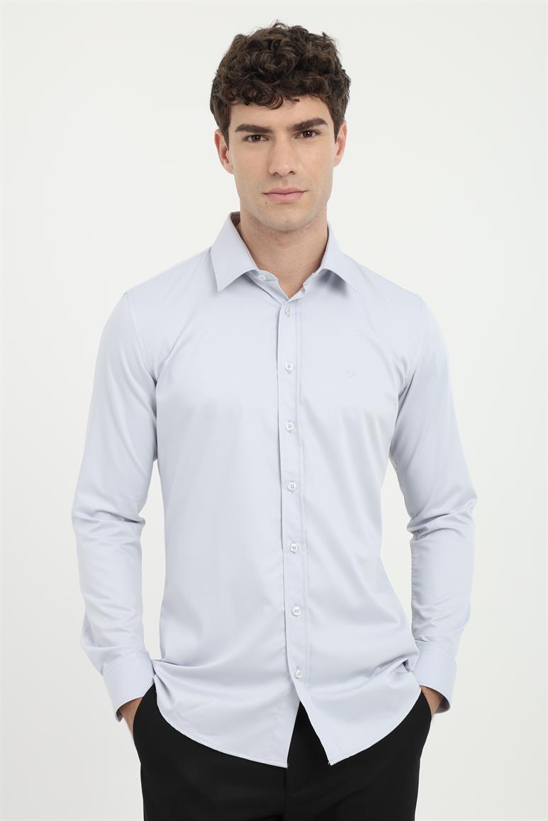 Gri Klasik Yaka Slim Fit Gömlek 
