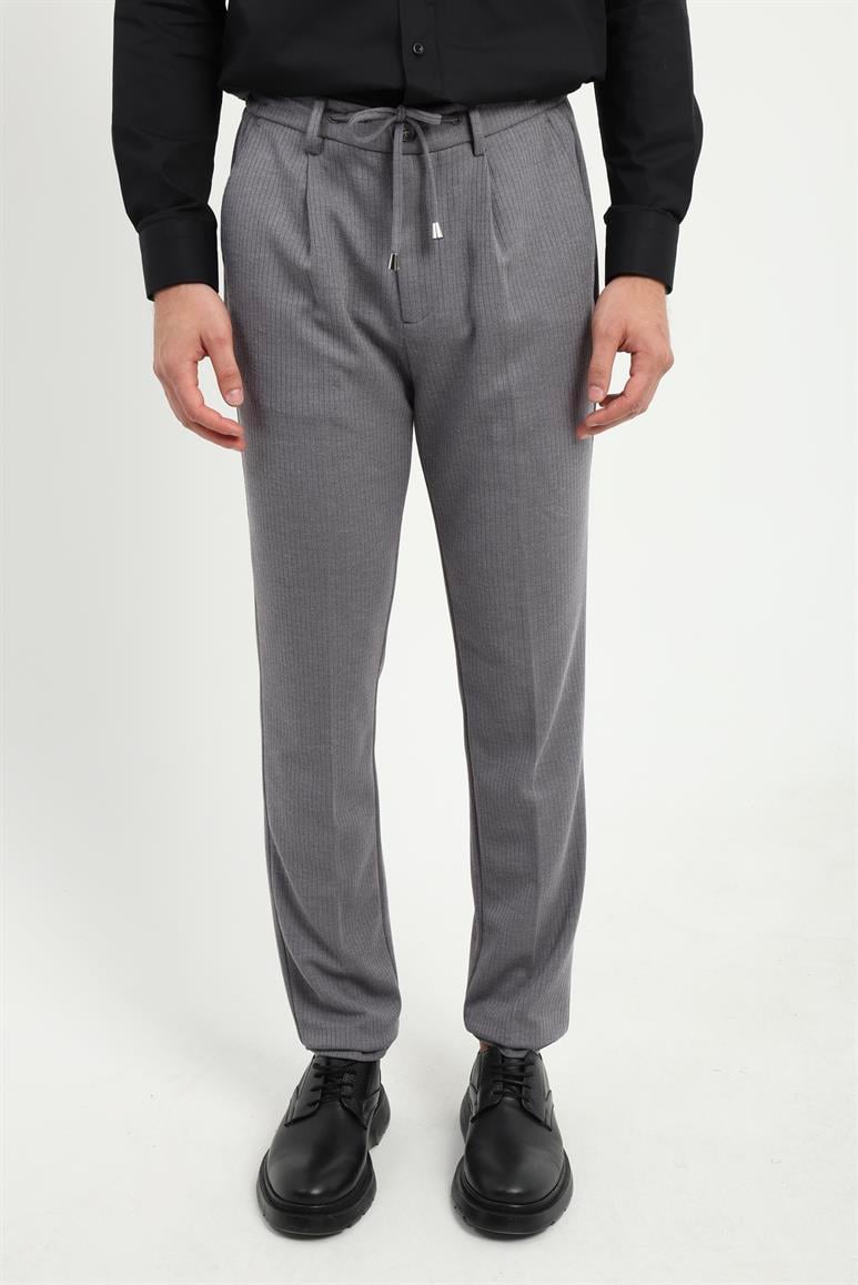 Gri Belden Bağlamalı Slim Fit Erkek Pantolon