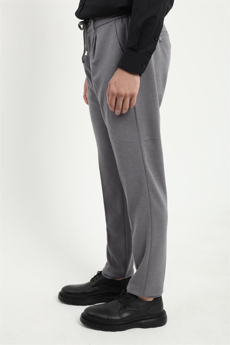 Gri Belden Bağlamalı Slim Fit Erkek Pantolon
