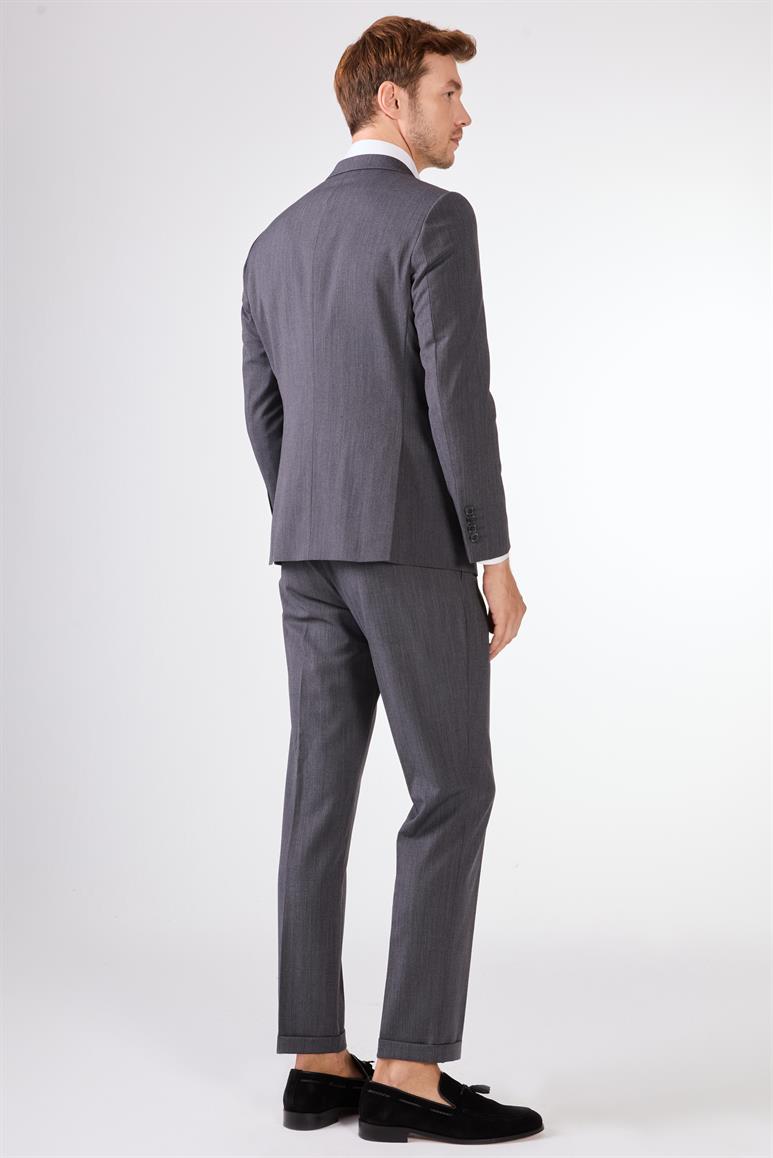 Gri Kruvaze Sivri Yaka Düz Slim Fit Erkek Takım Elbise