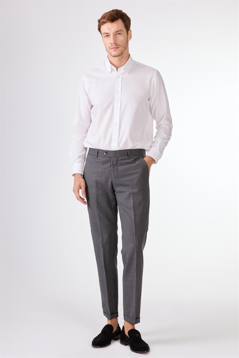 Gri Düz Renk Yünlü Slim Fit Erkek Takım Elbise 