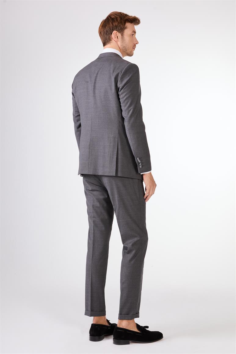 Gri Düz Renk Yünlü Slim Fit Erkek Takım Elbise 