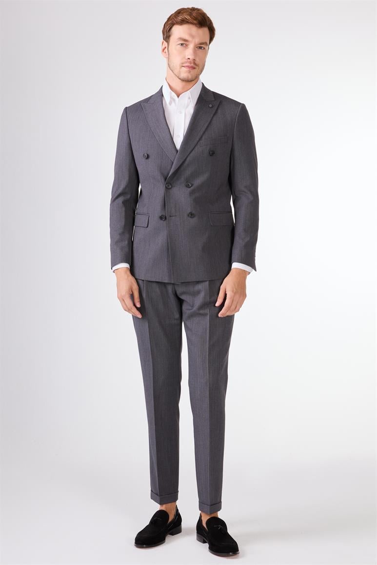 Gri Kruvaze Sivri Yaka Düz Slim Fit Erkek Takım Elbise