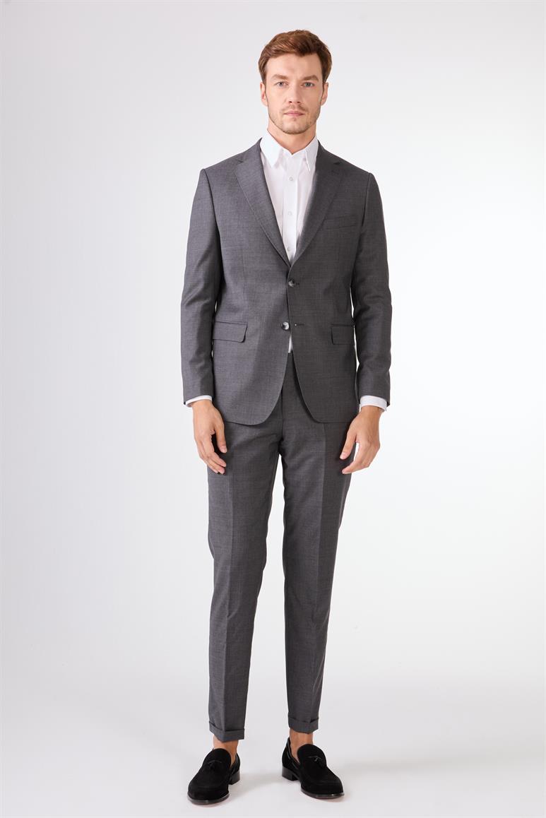 Gri Düz Renk Yünlü Slim Fit Erkek Takım Elbise 
