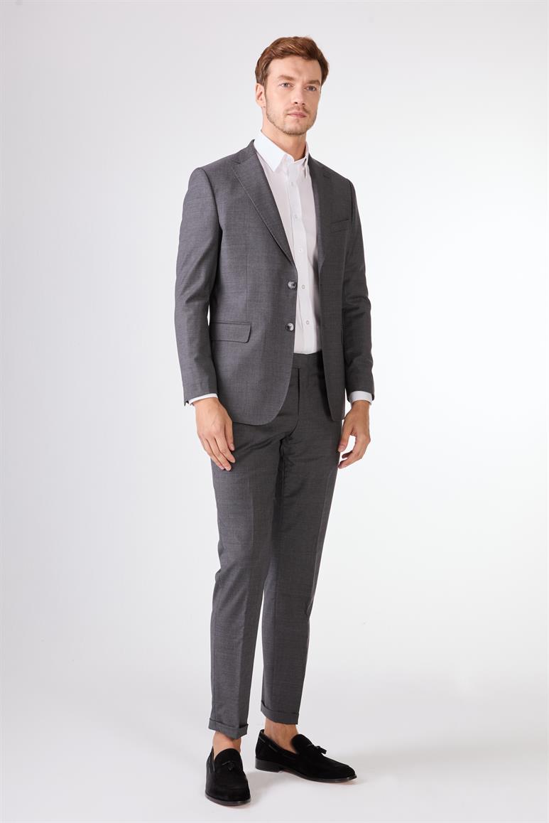 Gri Düz Renk Yünlü Slim Fit Erkek Takım Elbise 