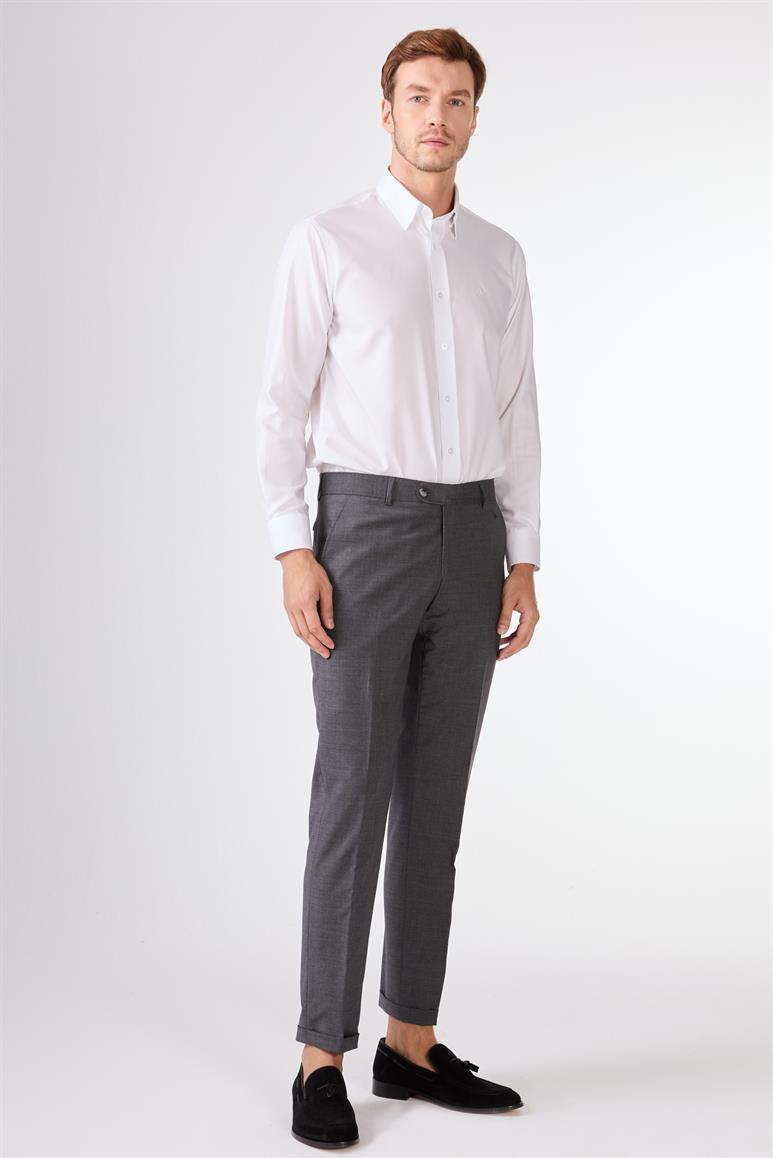 Gri Düz Renk Yünlü Slim Fit Erkek Takım Elbise 