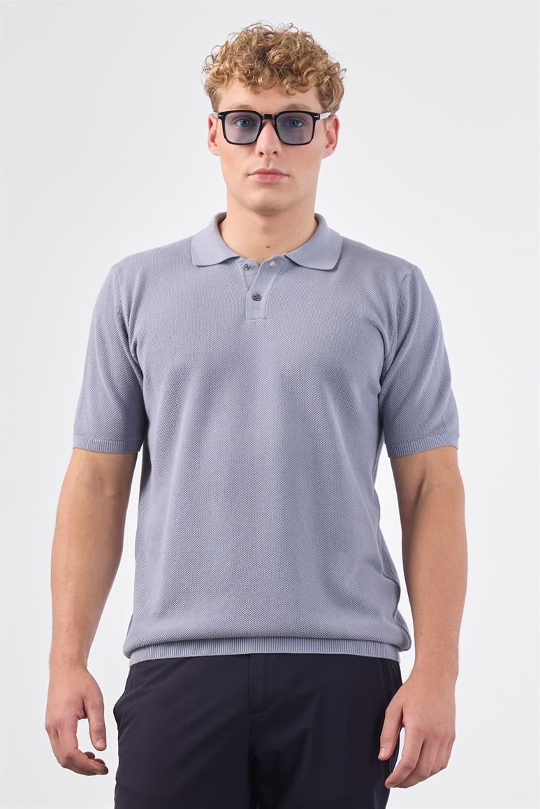 Gri Polo Düğme Yaka Düz Renk Slim Fit Erkek Triko