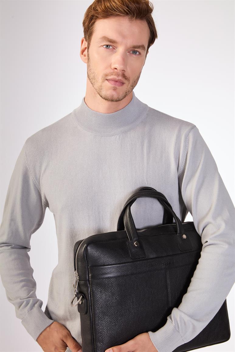 Gri Yarım Balıkçı %100 Pamuk Düz Renk Slim Fit Erkek Triko