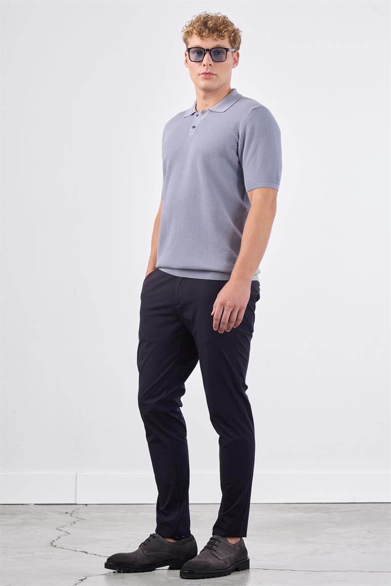 Gri Polo Düğme Yaka Düz Renk Slim Fit Erkek Triko