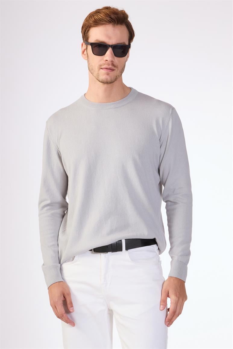 Gri Bisiklet Yaka %100 Pamuk Düz Renk Slim Fit Erkek Triko