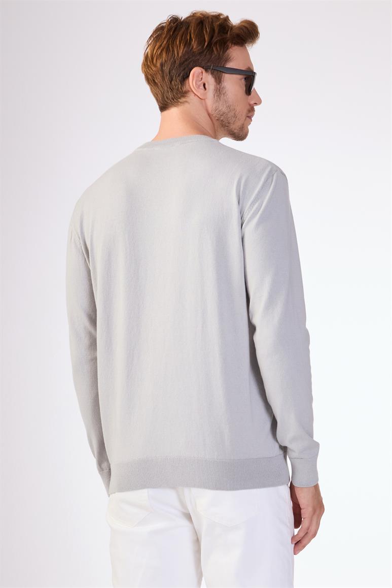Gri Bisiklet Yaka %100 Pamuk Düz Renk Slim Fit Erkek Triko