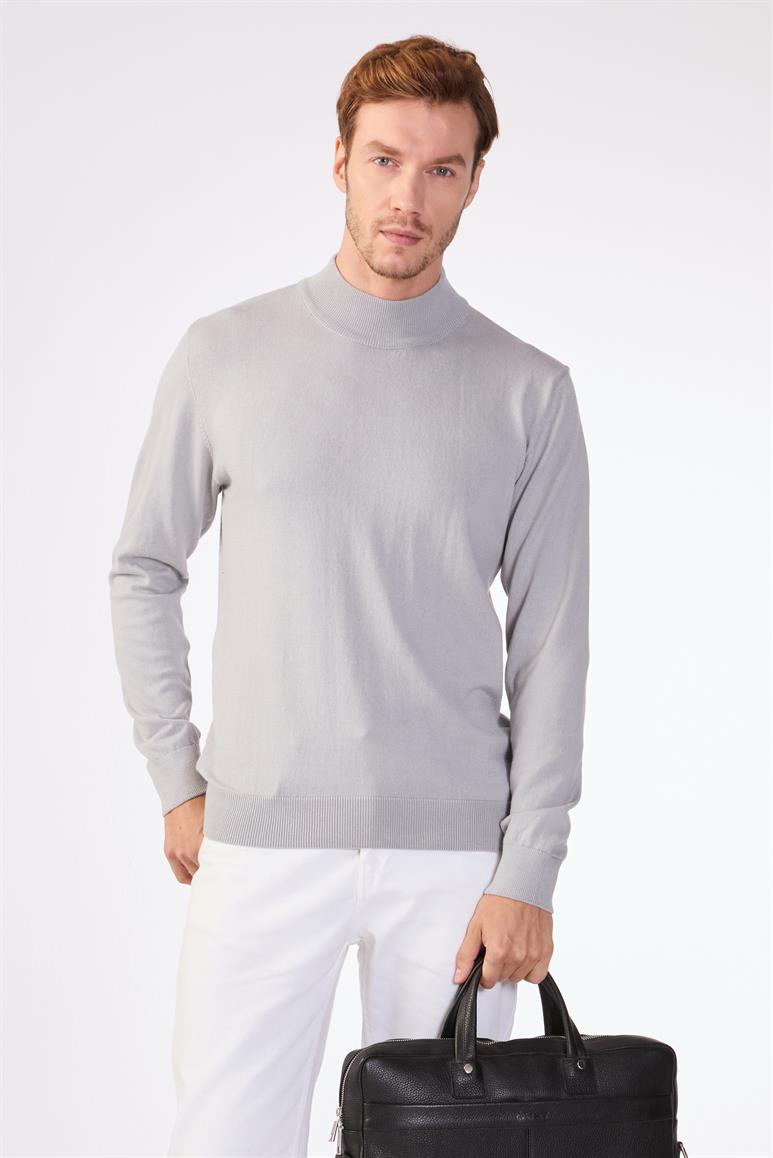 Gri Yarım Balıkçı %100 Pamuk Düz Renk Slim Fit Erkek Triko