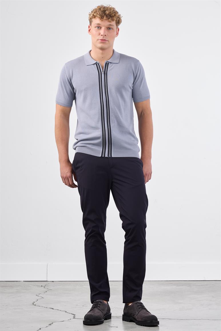 Gri Polo Fermuar Yaka Düz Kısa Kollu Slim Fit  Erkek Triko