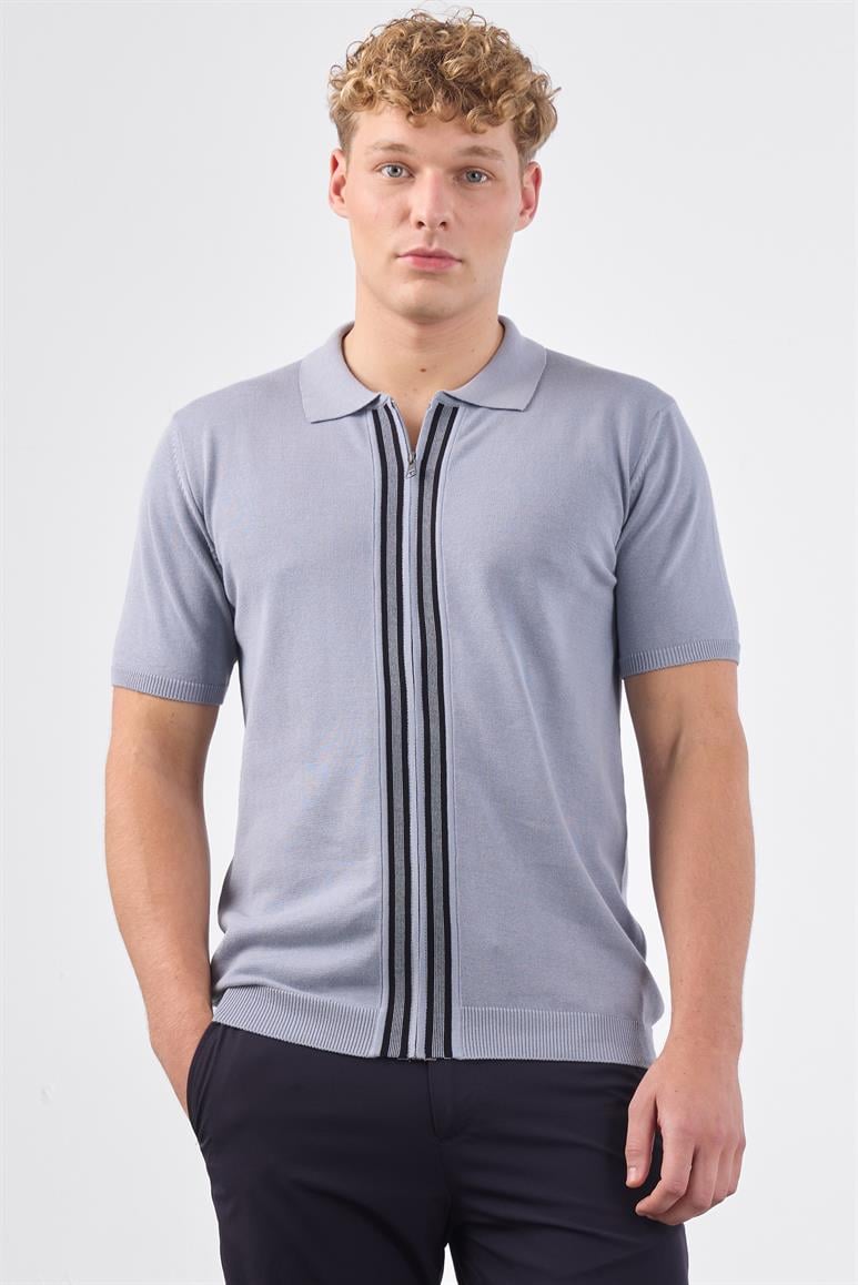 Gri Polo Fermuar Yaka Düz Kısa Kollu Slim Fit  Erkek Triko