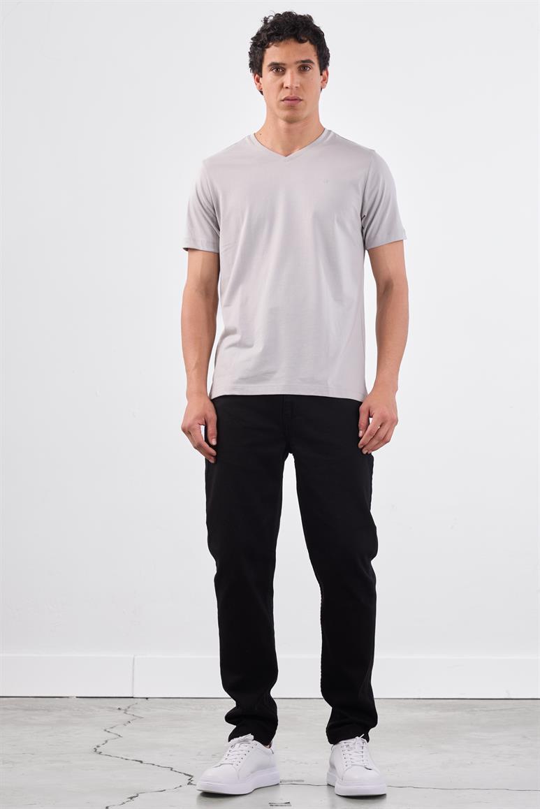 Gri V Yaka Pamuklu Düz Renk Slim Fit Erkek T-shirt