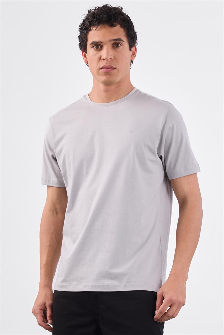 Gri Bisiklet Yaka Pamuklu Düz Renk Slim Fit Erkek T-shirt
