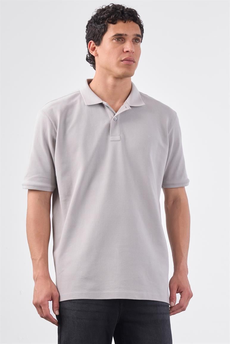 Gri Polo Yaka Pamuklu Düz Renk  Slim Fit Erkek T-shirt