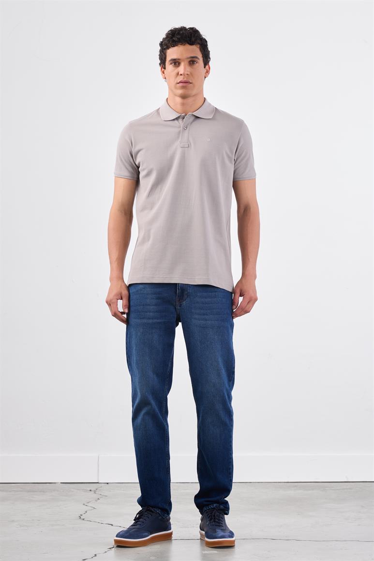 Gri Polo Yaka Pamuklu Düz Renk Slim Fit Erkek T-shirt