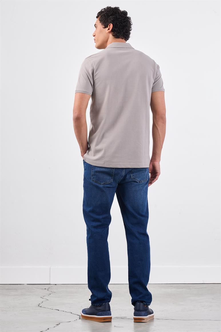 Gri Polo Yaka Pamuklu Düz Renk Slim Fit Erkek T-shirt