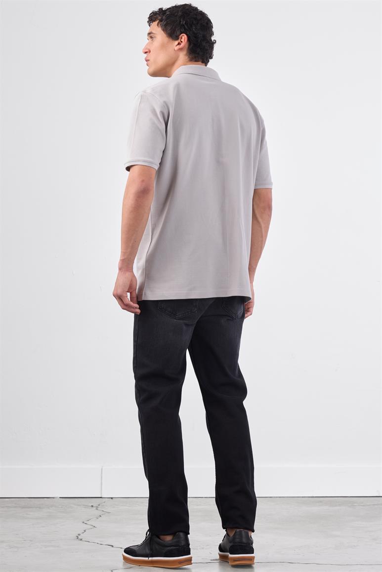Gri Polo Yaka Pamuklu Düz Renk  Slim Fit Erkek T-shirt