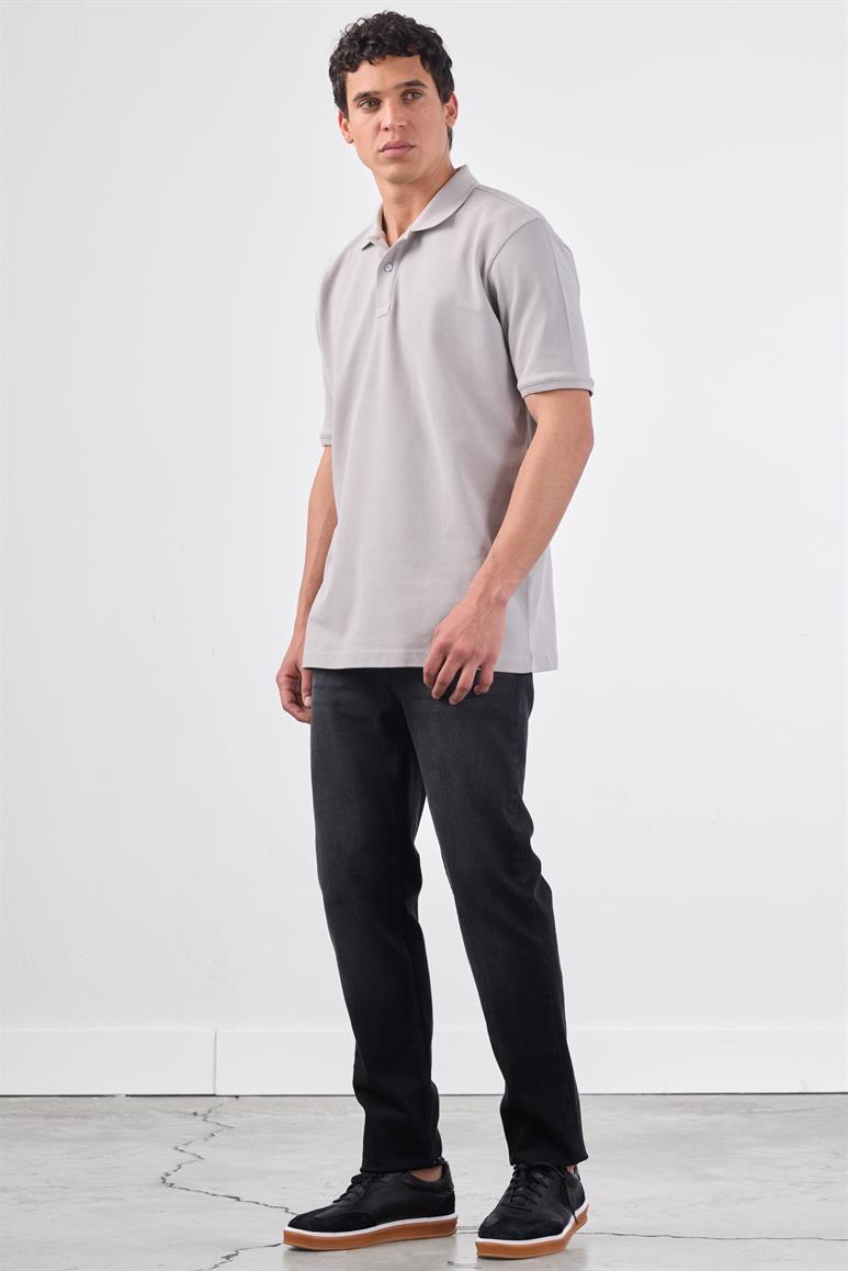 Gri Polo Yaka Pamuklu Düz Renk  Slim Fit Erkek T-shirt