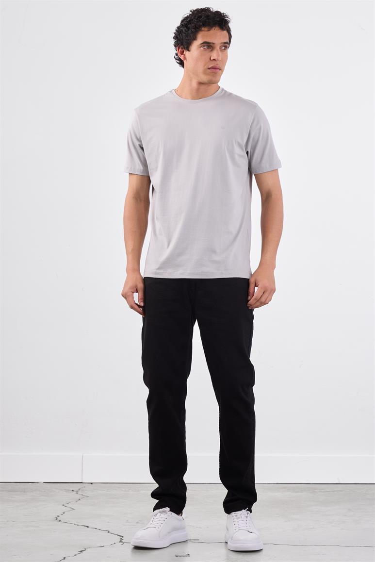 Gri Bisiklet Yaka Pamuklu Düz Renk Slim Fit Erkek T-shirt