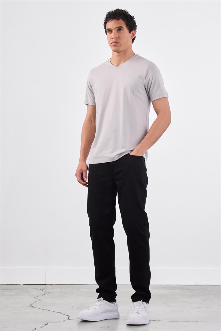 Gri V Yaka Pamuklu Düz Renk Slim Fit Erkek T-shirt